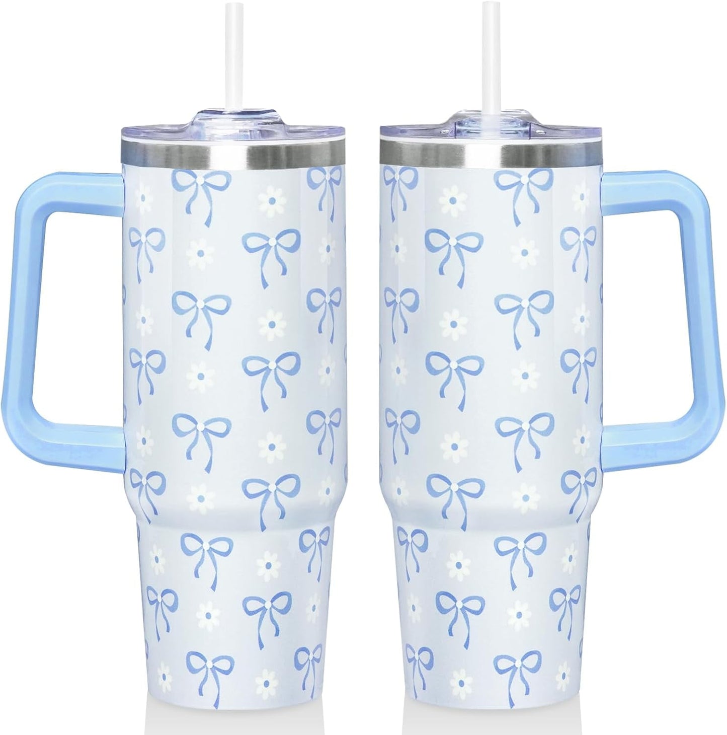 30 Oz Blue Bow Tumbler with Handle and Straw, Insulated Stainless Steel Coffee Travel Cup Mug Water Bottle, Blue Bow Themed Gifts for Women Teen Girl
