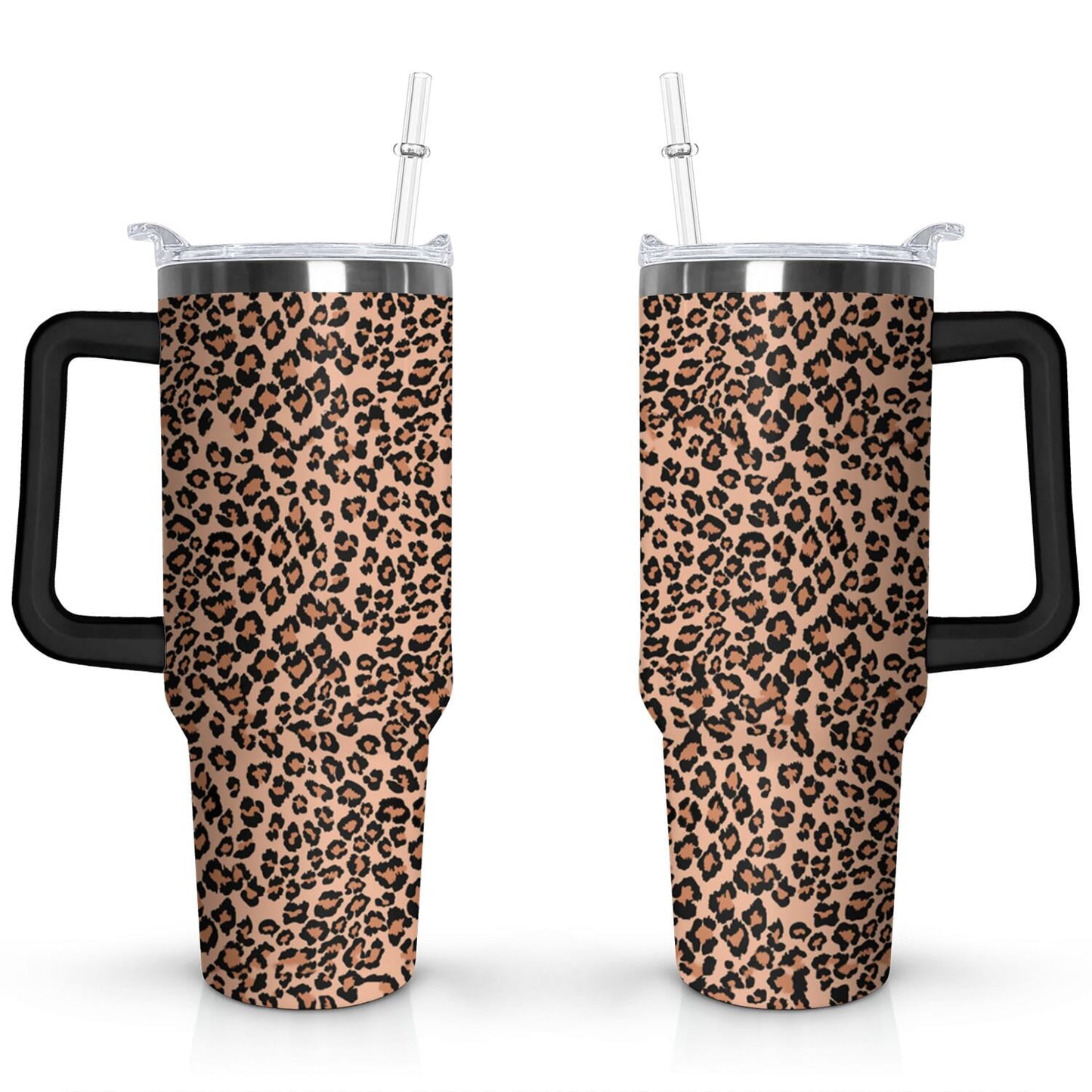 40oz Fashion Leopard Pattern Stainless Steel Flip Straw Tumbler Spill Proof Travel Cup Double Wall Vacuum Insulated Coffee Mug with Top Handle