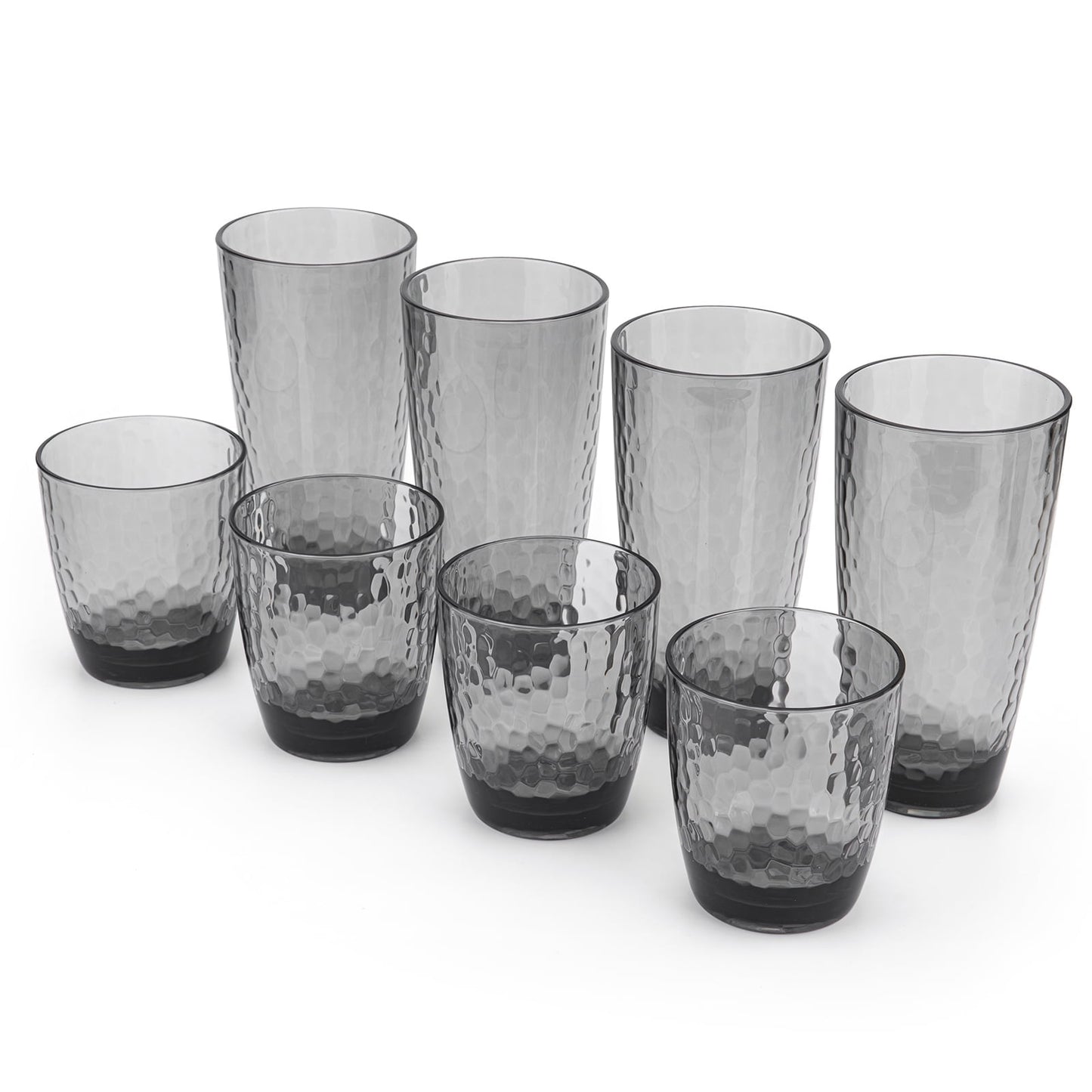 KX-Ware Hammered 15 Ounce and 26 Ounce Plastic Tumbler Acrylic Drinking Glasses, Set of 8 Grey