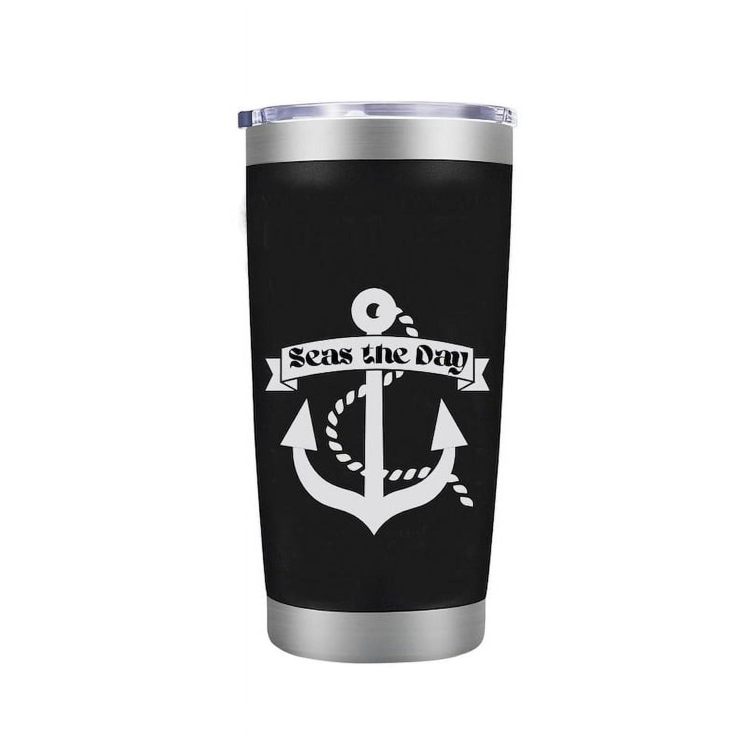 Seas the Day - 20 oz - Cute Funny Nautical Themed Birthday Gift for Ocean Lovers & Sailors - Insulated Coffee Tumbler Cup with Sliding Lid