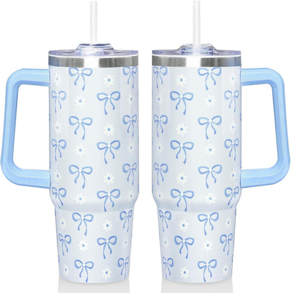 30 Oz Blue Bow Tumbler with Handle and Straw, Insulated Stainless Steel Coffee Travel Cup Mug Water Bottle, Blue Bow Themed Gifts for Women Teen Girl