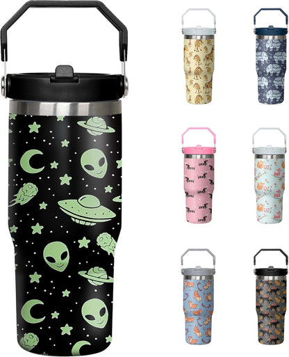 Pure Buddy - 30 Oz Blue Bow Tumbler with Handle and Straw, Insulated Stainless Steel Coffee Travel Cup Mug Water Bottle, Blue Bow Themed Gifts for Women Teen Girl
