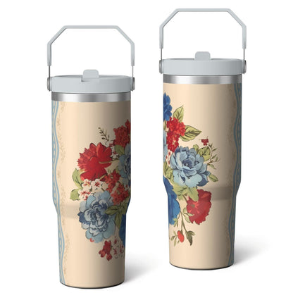 Pure Buddy - 30oz Pioneer Colorful Floral Stainless Steel Flip Straw Tumbler with Lid and Straw Spill Proof Travel Cup Double Wall Vacuum Insulated Coffee Mug with Top Handled White