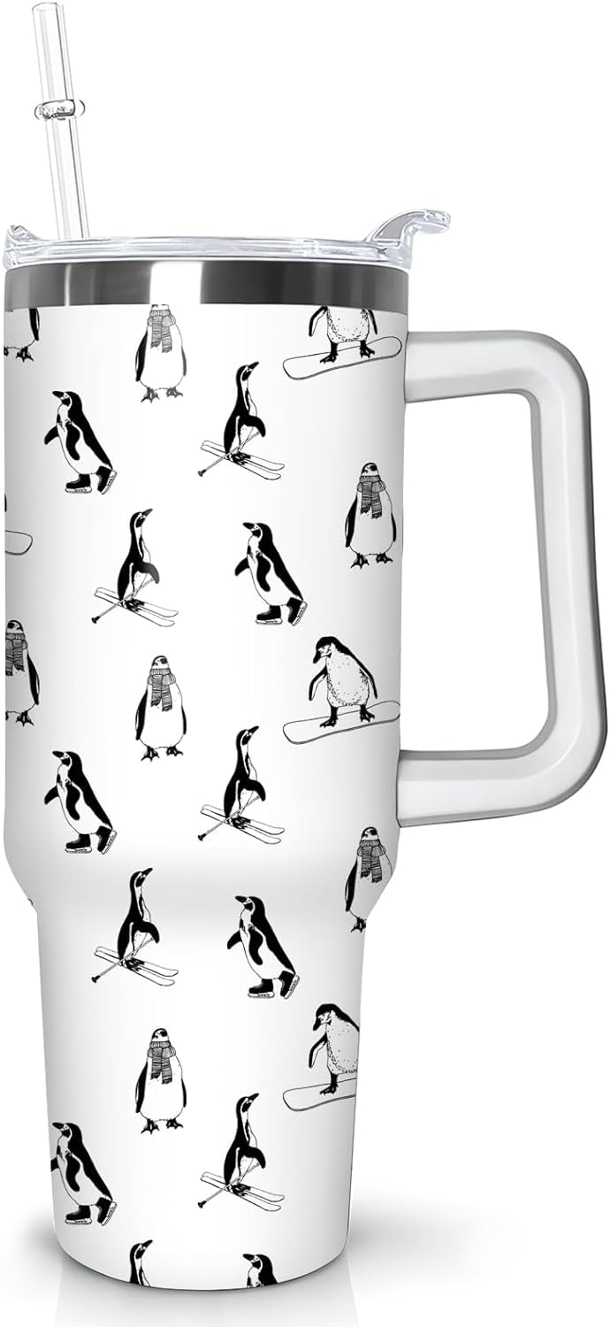 Pure Buddy - 40 oz Penguin Tumbler with Handle Gifts for Penguin Lover 40oz Stainless Steel Travel Cup Mug Water Bottle