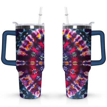 Pure Buddy - 40oz Boho Tie Dye Stainless Steel Flip Straw Tumbler Spill Proof Travel Cup Double Wall Vacuum Insulated Coffee Mug with Top Handle