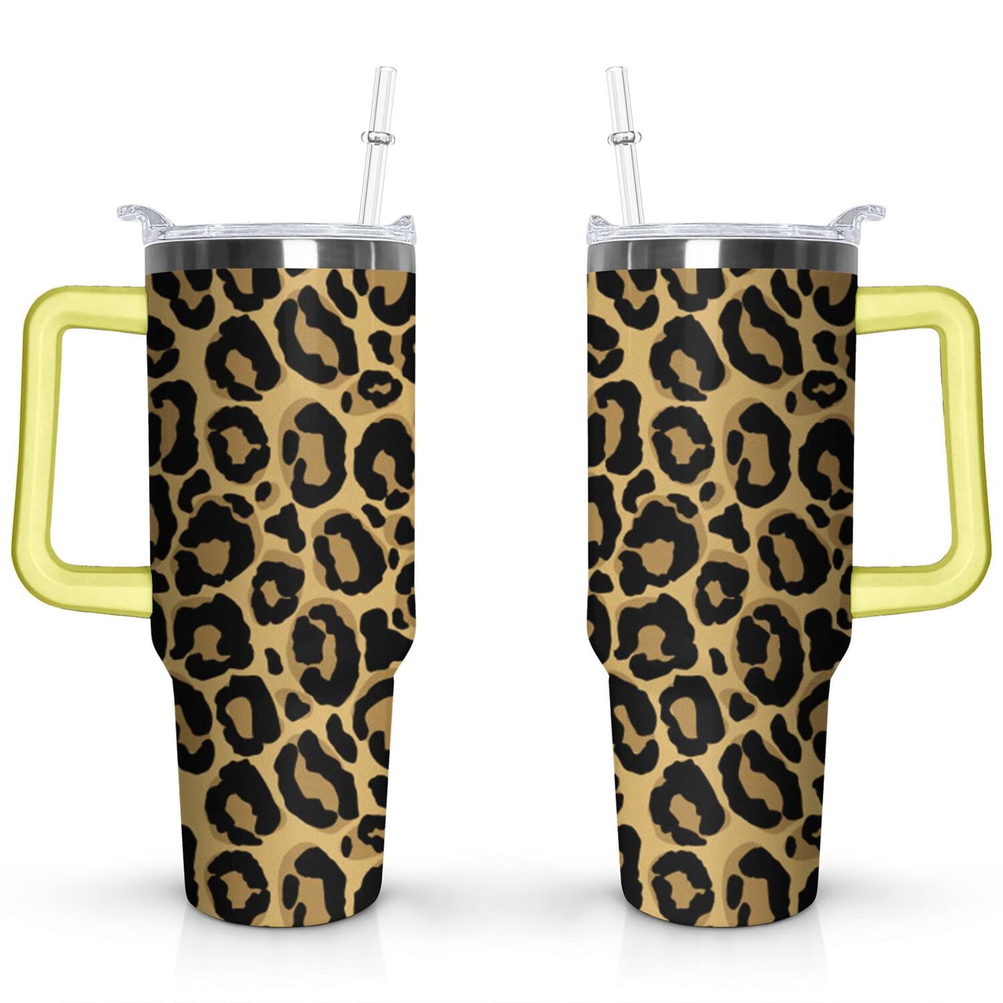 Pure Buddy - 40oz Fashion Leopard Pattern Stainless Steel Flip Straw Tumbler Spill Proof Travel Cup Double Wall Vacuum Insulated Coffee Mug with Top Handle