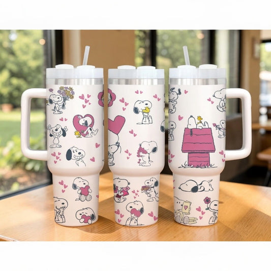 40oz Snoopy Tumbler with Handle - Cute Hearts Flowers Peanuts Collage Cup, Romantic Puppy Dog Insulated Travel Mug, Sweet Gift for Her or Him