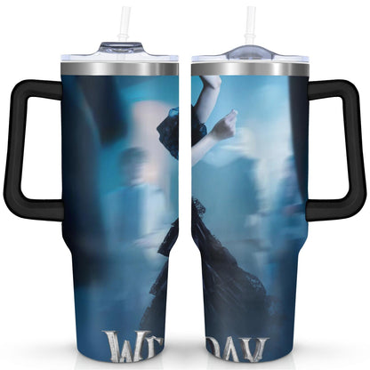 Pure Buddy - 40oz Wednesday Girl Stainless Steel Tumbler with Lid and Straw,Wednesday Stuff Merchandise Spill Proof Travel Cup Double Wall Vacuum Insulated Coffee Mug with Handle Black
