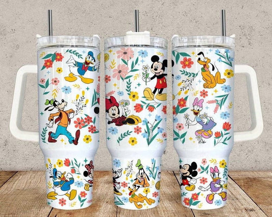 Disney Mickey & Friends 40oz Tumbler with Handle – Floral Mickey Minnie Donald Goofy Insulated Cup, Magic Kingdom Travel Mug with Straw, Classic Disney Gift
