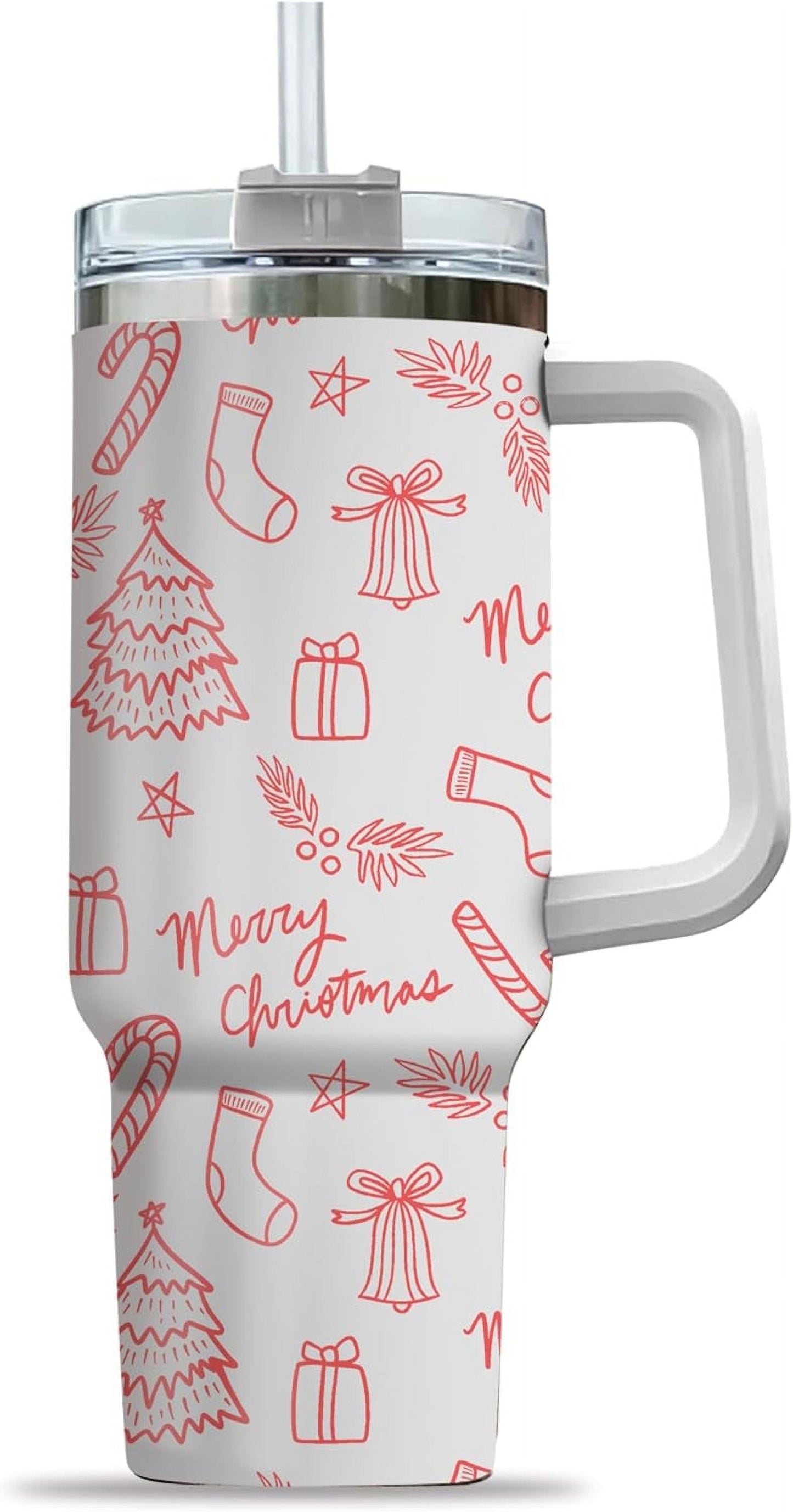 Pure Buddy - Pink Christmas Tree Cakes Stainless Steel Tumbler 40Oz With Handle Insulated Tumbler Holiday Coffee Travel Mug for Tea, Latte, Hot Chocolate Seasonal Xmas Gifts for Women Men Coworker or Friends