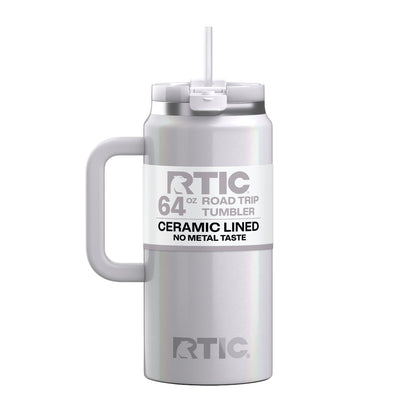 RTIC 64 oz Ceramic Lined Road Trip Tumbler with Handle and Leak-Resistant Straw Lid, White Glitter