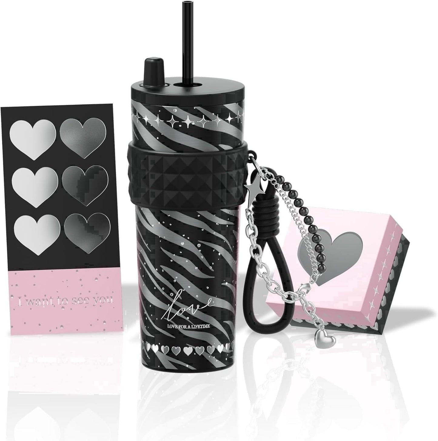 Pure Buddy - Sidagar 24oz Ceramic Coated Insulated Tumbler with Straw, Gift Travel Mug for Women and Couples, Pink