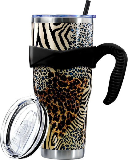 Pure Buddy - Sunmdecor Pink Leopard Print Tumbler with Handle and Silicone Straws - 40 Oz Cheetah Insulated Tumbler - Leopard Cup Gift for Women